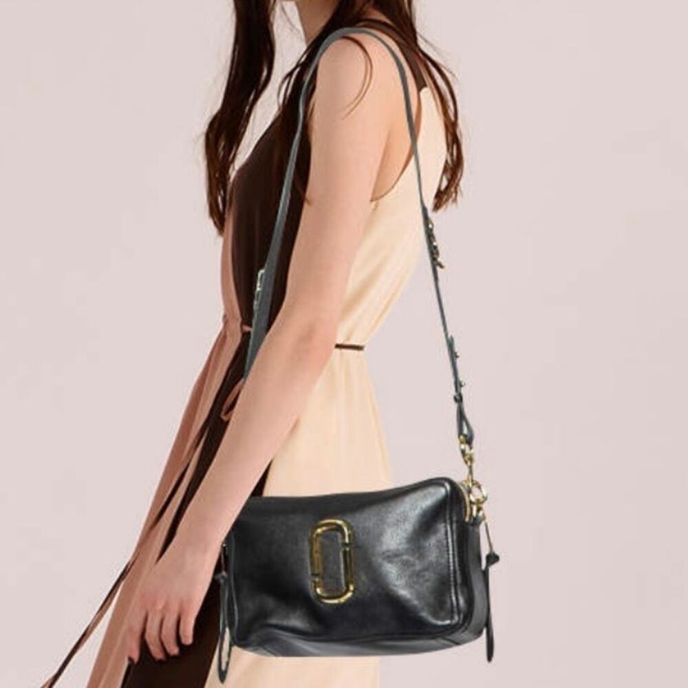 MARC JACOBS | Black Gold Leather The Softshot Shoulder Crossbody Bag Two Zippers